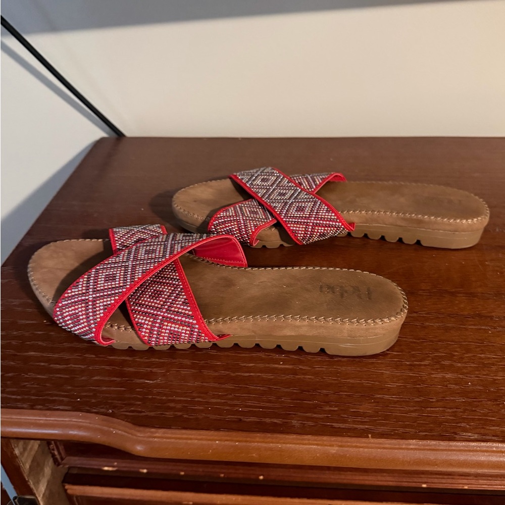 Reba Red Beaded Crisscross Slide Sandals - Picture 2 of 2